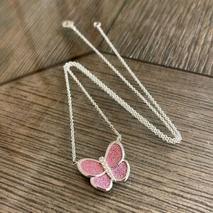 JACMEL Silver Plated Brass Pink Glitter Butterfmy Necklace with CZ’s